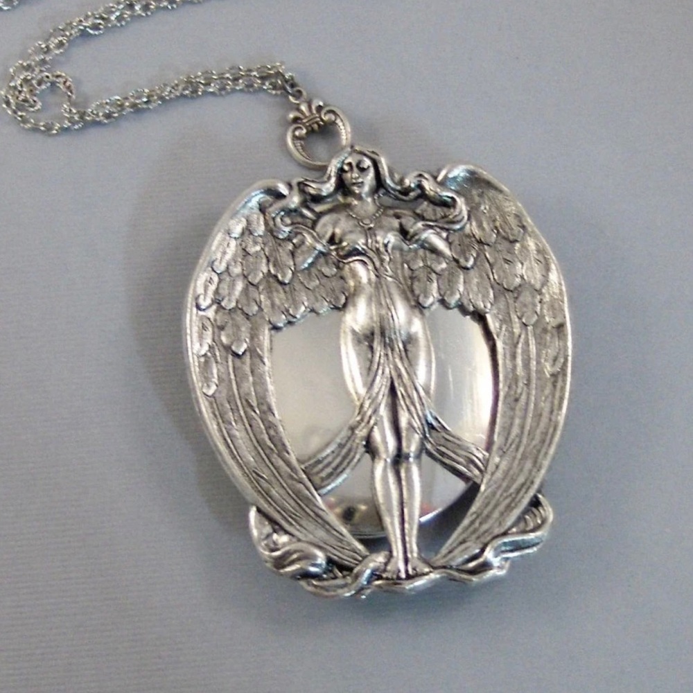 Goddess Locket Necklace Nike Wings Angel Pendant Silver Antique Handmade keepsak
